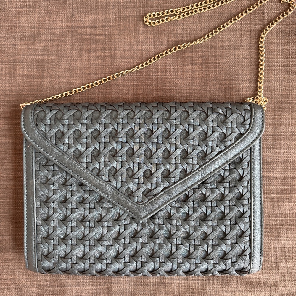 Woven Vegan Leather Envelope Crossbody Bag Blue Gold Chain Evening Purse - Picture 3 of 9